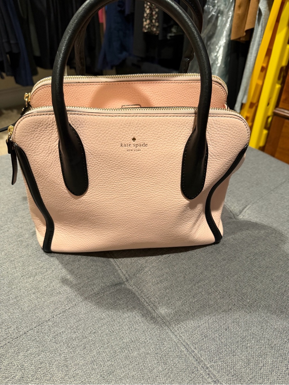 kate spade Pink Pebbled Leather Satchel with Black Trim and Handles